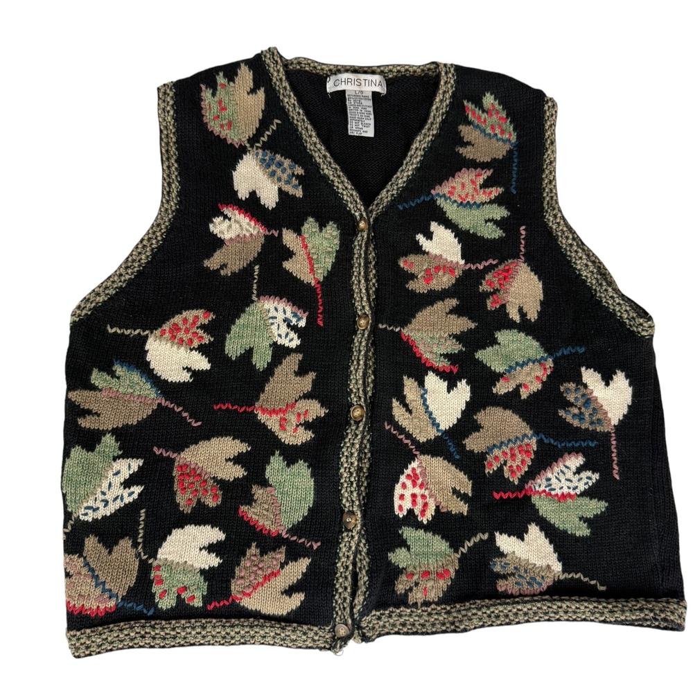 Christina Vintage Black Knit Leaf Sweater Vest Womens Ramie Cotton Fall M / L